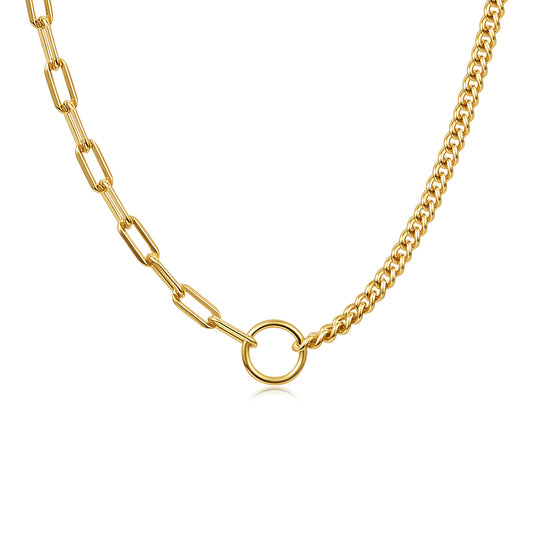Gold chain necklace with a round clasp on a white background