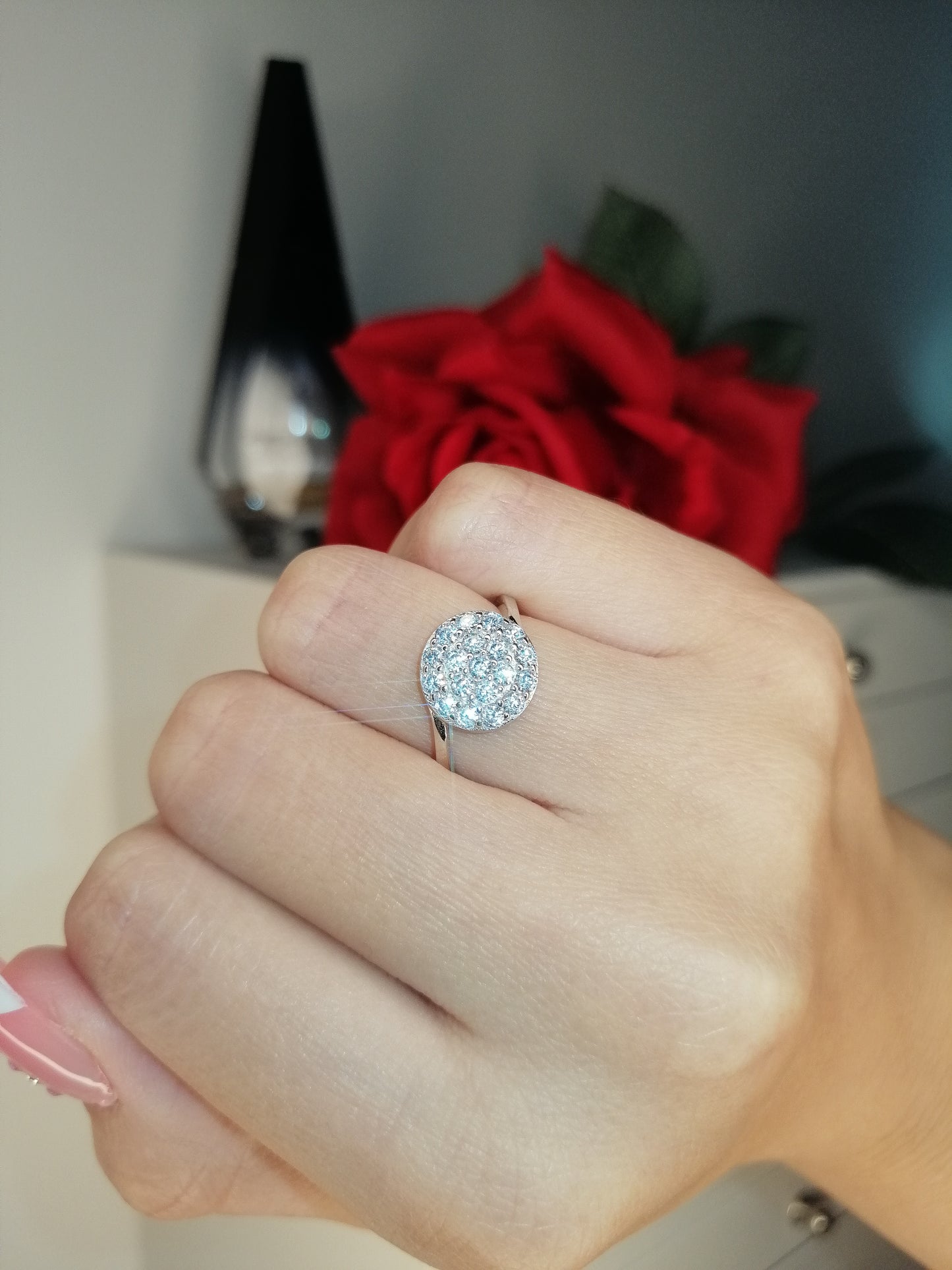 Sterling Silver Diamond Button Statement Ring